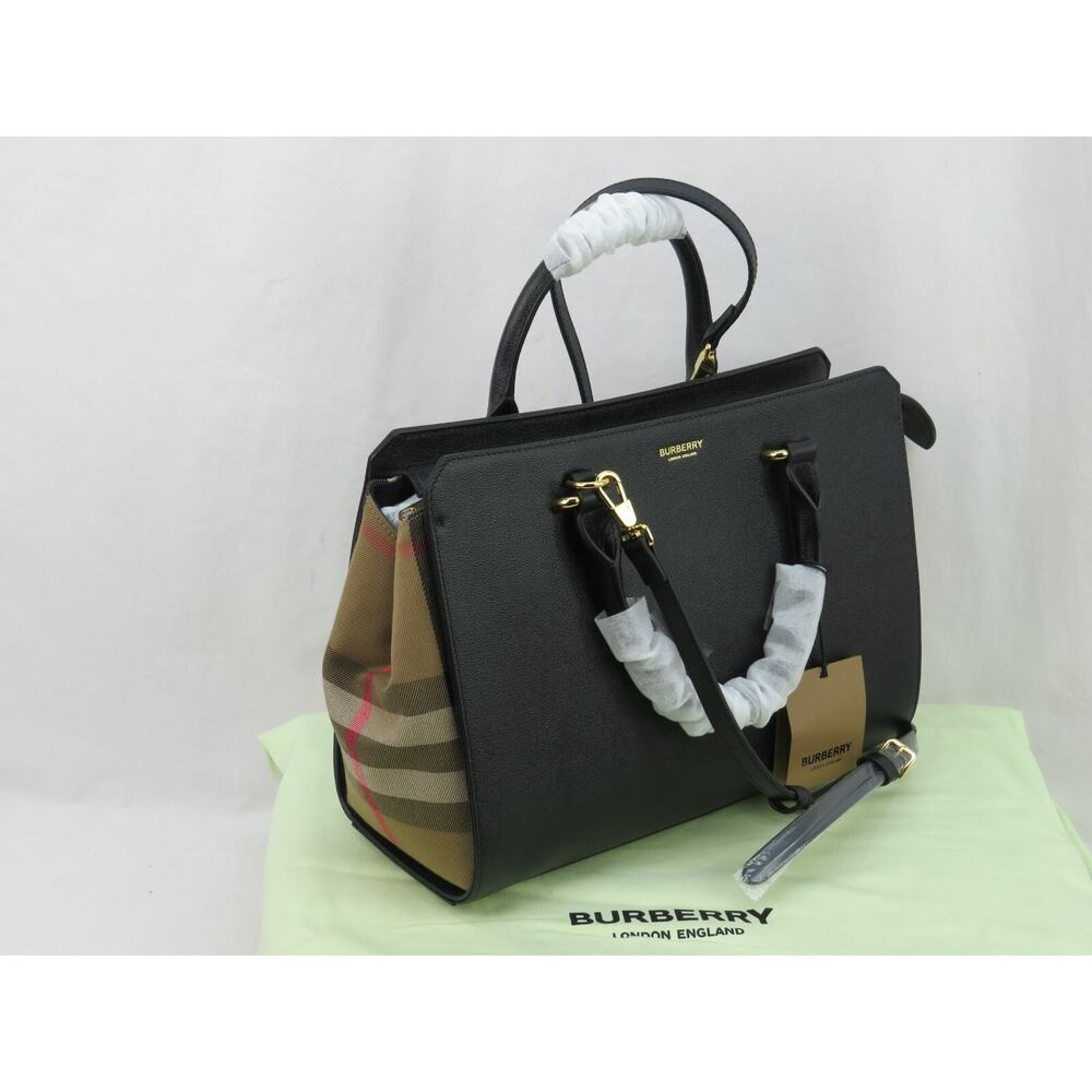 NWT BURBERRY BANWELL BLACK LEATHER CHECK CANVAS HOULDER TOTE BAG $ 1950 - Picture 1 of 13